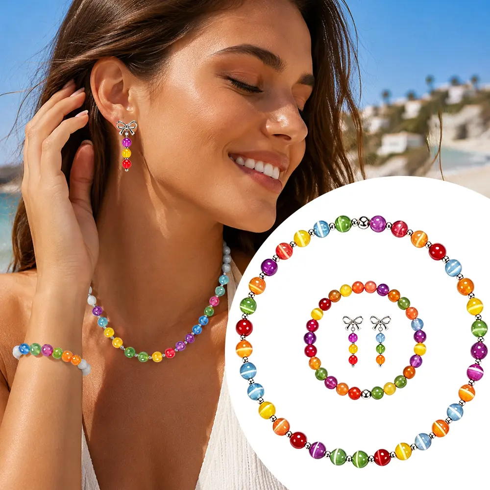Women's Fashion Sun-Activated Reactive Color-Changing Waterproof Resin Beads Jewelry Set - Adjustable Necklace, Bracelet, Earring for Beach Party, Daily Wear (Set Mix, summerwins)