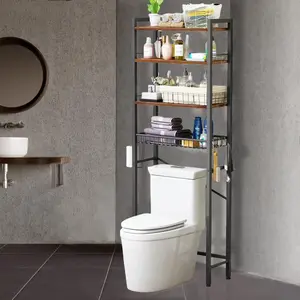 Over The Toilet Storage Rack, 4-Tier Bathroom Rack Over Toilet with Paper Holder & 4 Hooks | Adjustable Over The Toilet Rack | Brown Bathroom Organizer Shelf | Over The Toilet Storage