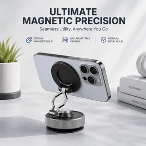 MagSafe Magnetic Phone Holder, Stainless Steel Compact Dual-Axis 360° Adjustable Round Base Vacuum Suction Cup Bracket with Rotary Lock for Car Dashboard, Vlog Mount Compatible with iPhone & Android