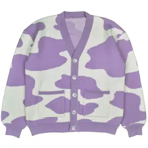 Steady Hands Lilac Cowdigan Knit Cardigan White Purple Cow Print