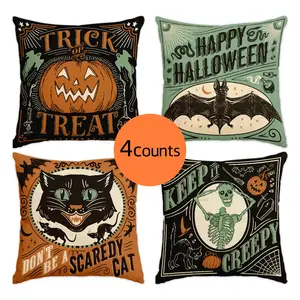 4pcs Happy Halloween Pillow Cover, Pumpkin Bat, Black Cat Skull, Trick or Treat Single sided Printed, Bedroom Decorative Accessories, Suitable for Bedroom, Living Room, Sofa, Bed, Car Decoration, Halloween Decoration (No Pillow Core)