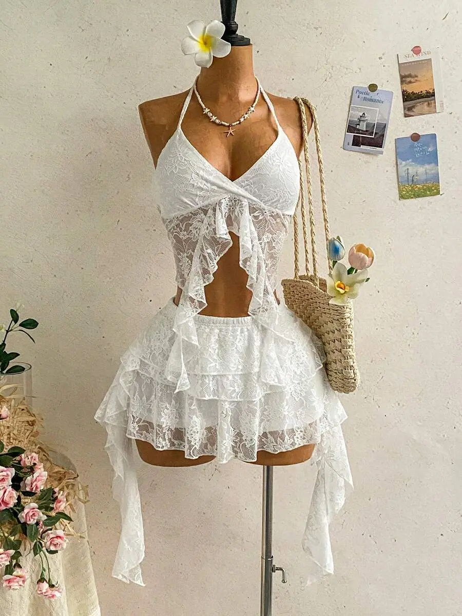 Women's Sheer Lace Tie Front Crop Top & Asymmetrical Mini Skirt 2 Piece Set Backless Beach Vacation Outfit