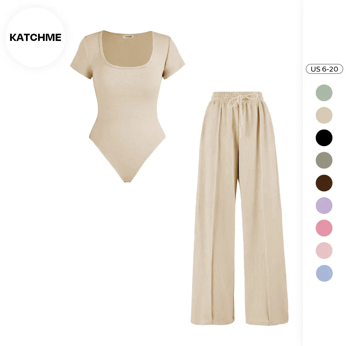 Women's Trendy Square Neck Shaping Bodysuit & High Waist Wide Leg Pockets Trousers Co-ord,Short Sleeve Shapewear,Two-Piece Outfit for Womenswear