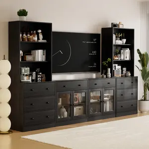 110.3"W TV Stand for Living Room, Large Entertainment Center with 8 Drawers, 2 doors, Modern Cabinet with Storage Shelves, Wall Unit for Bedroom, Black