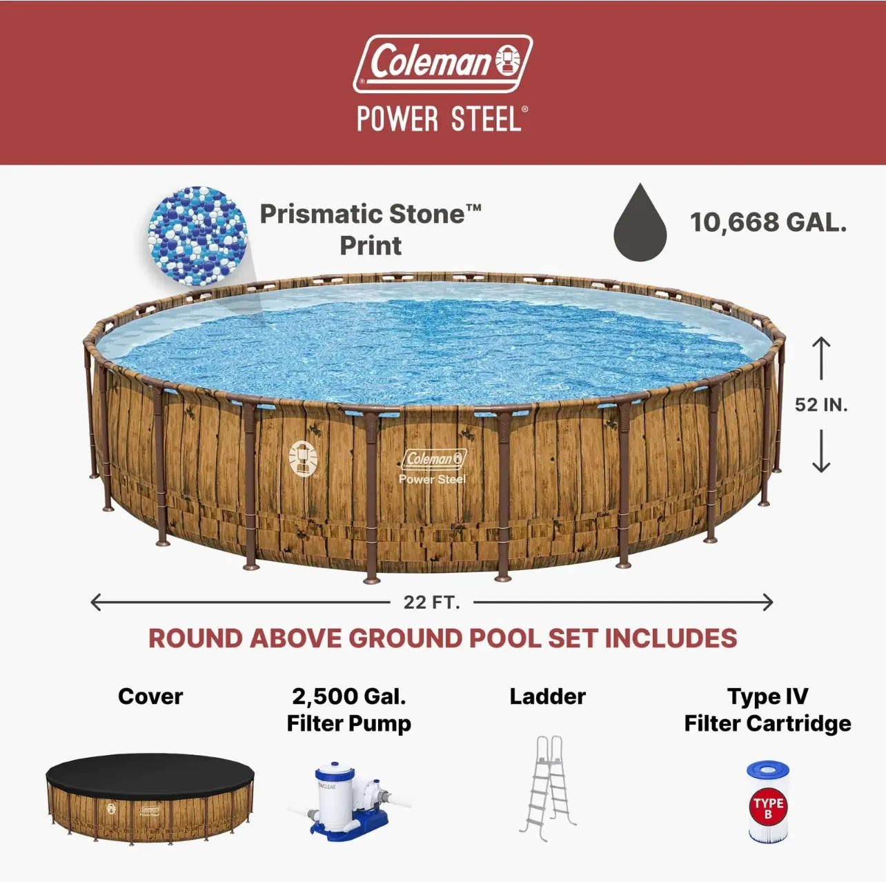 Coleman Power Steel 22' x 52" Round Metal Frame Above Ground Swimming Pool with Ladder and Filter Pump
