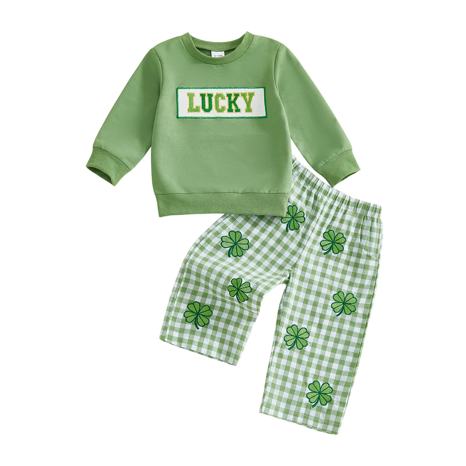 Babamoon Toddler Baby Boy 2-Piece Casual Style Clothes Set - Long Sleeve Lucky Embroidery Sweatshirt Top, Plaid Print Pants for St. Patrick's Day