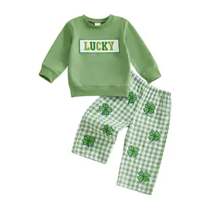 Babamoon Toddler Baby Boy Irish Outfits Long Sleeve Lucky Embroidery Sweatshirt Tops and Plaid Print Pants Clothing Set for St. Patrick's Day