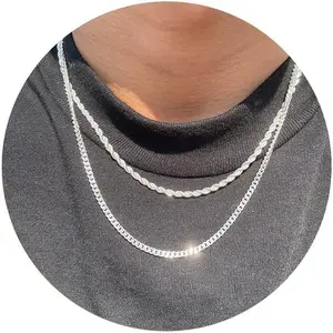 NECOCY Chain Necklace for Men, 2-Piece Double Layered Jewelry Set with 3mm Cuban Link and Rope Chains, Trendy Gift, 18-28 Inches