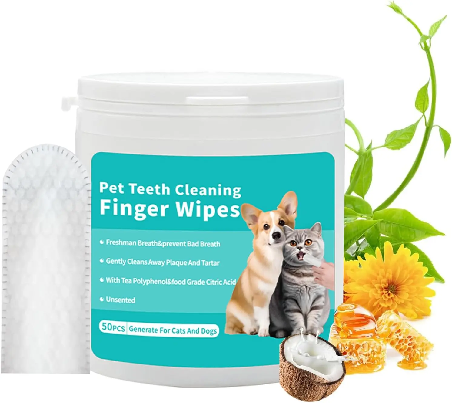 Pet Teeth Cleaning Wipes, Get Rid of Bad Breath by Reducing Plaque and Tartar, Provide Pet Dental Care for Dogs and Cats, Disposable Gentle Gum Care Pet Wipes, 50PCS