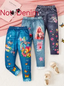 Girls' 3-Pack Stretchy Denim-Look Pants: Butterfly, Cartoon Girls, Cars & Floral Prints! Easy Waistband, Outdoor Bike Riding, Princess Gift
