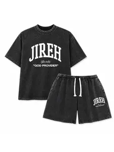 Men's 230 Pure Cotton Retro Washed Baggy Oversize Short-Sleeve Unisex T-Shirt - Single-Sided "JIREH GOD PROVIDER" Letter Print, Christian Gift, Classic Soft Casual Streetwear Clothes