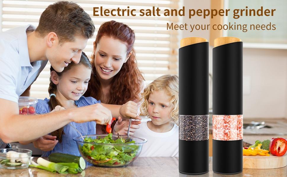 Electric Salt and Pepper Grinder Set of 2, Adjustable Coarseness, Battery Powered, LED Light, One Hand Operation, Black