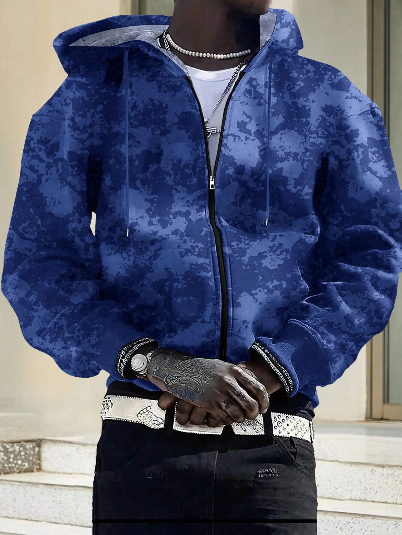 Men’s full-zip long-sleeve hooded sweatshirt for spring and autumn, tie-dye cross pattern print, drawstring hood design, kangaroo pocket—ideal for streetwear, jogging/running workouts, , vacations, outdoor commuting, and camping. Men’s casual hooded Blue/