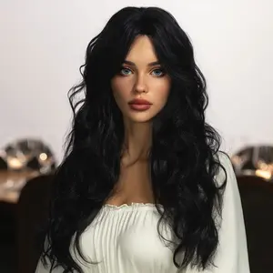SMILCO/26-inch Natural Black Bodywave Synthetic Material Heat Resistant Wig with Bangs for Daily/SM7543