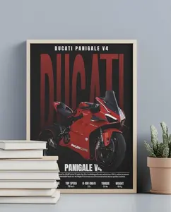 Ducati Panigale V4 Motorcycle Art Print Bike Poster, Biker Garage Wall Decor Black