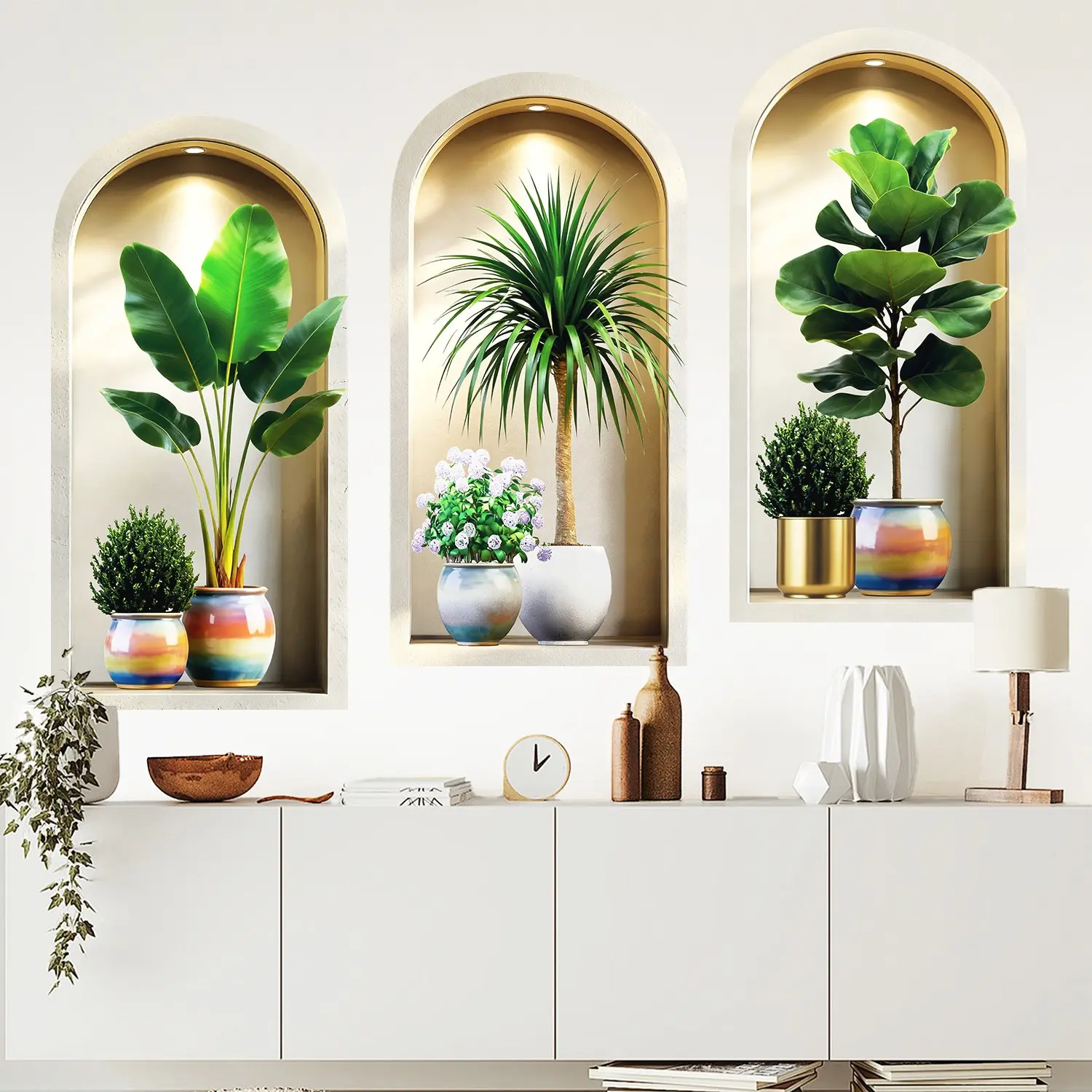 3-piece set, Nordic green plant themed simulated arched window flower basin wall sticker, self-adhesive removable decorative sticker, suitable for wall decoration in living rooms, dining rooms, and study rooms, Home Decor, Vinyl Stickers