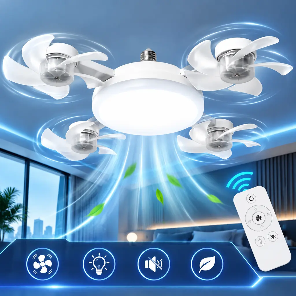 E27 Screw Mount 2-in-1 LED Lamp with 4 Position-Adjustable Fan Modules, Indoor Ceiling Fixture for Home Interior Lighting & Gentle Air Movement (Indoor Recreation Use)