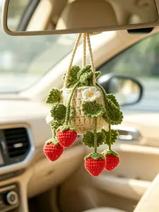 Cute Plant Crochet Rearview Mirror Accessories, Handmade Car Mirror Hanging Decorations, Women's Car Decoration Items, Unique Stylish Design, Car Ornament