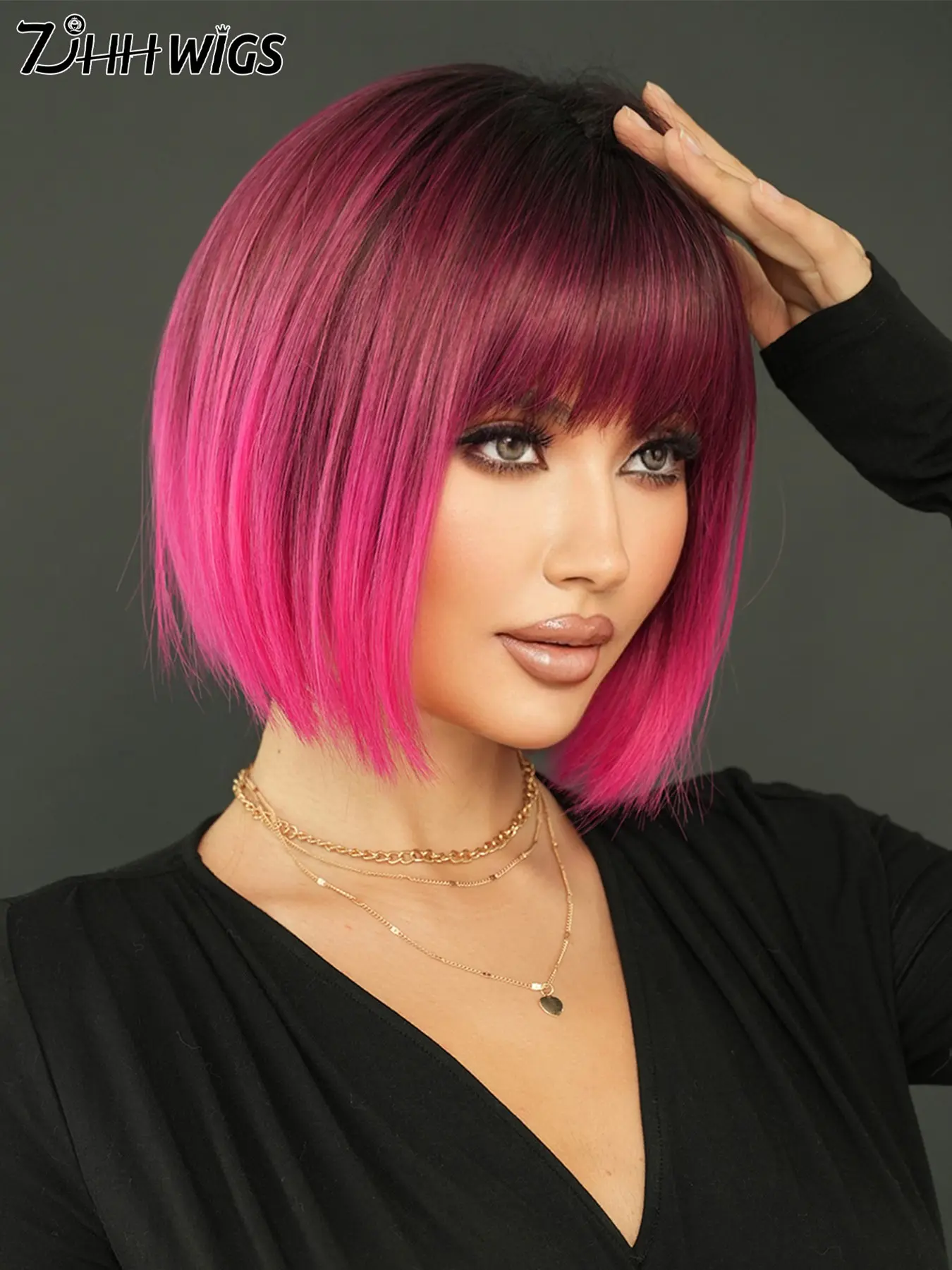 12-Inch Rose Ombre Machine-Made Glueless Bob Wig, Short Straight Wig with Bangs for Women, Gorgeous Fluffy Synthetic Fiber Wig, Beginner-Friendly for Party or Daily Use, Great Gift for Wife, Glueless Hair Wigs, No Glue Wig, Synthetic Material Wigs