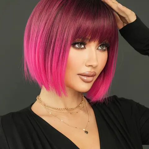 Bob Wigs Short Straight Synthetic Hair with Bangs, Heat-Resistant Fiber, Dark Root, Suitable for Women and Girls, Party and Daily Use, 12 Inches
