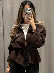 Brown Safari Bomber Jacket Women's Jacket Autumn Spring High Collar Zip Up Coat Cuffed Long Sleeves Adjustable Waist Outerwears Casual Streetwear & Daily Commutes Jacket Womenswear Casual Comfy Jacket