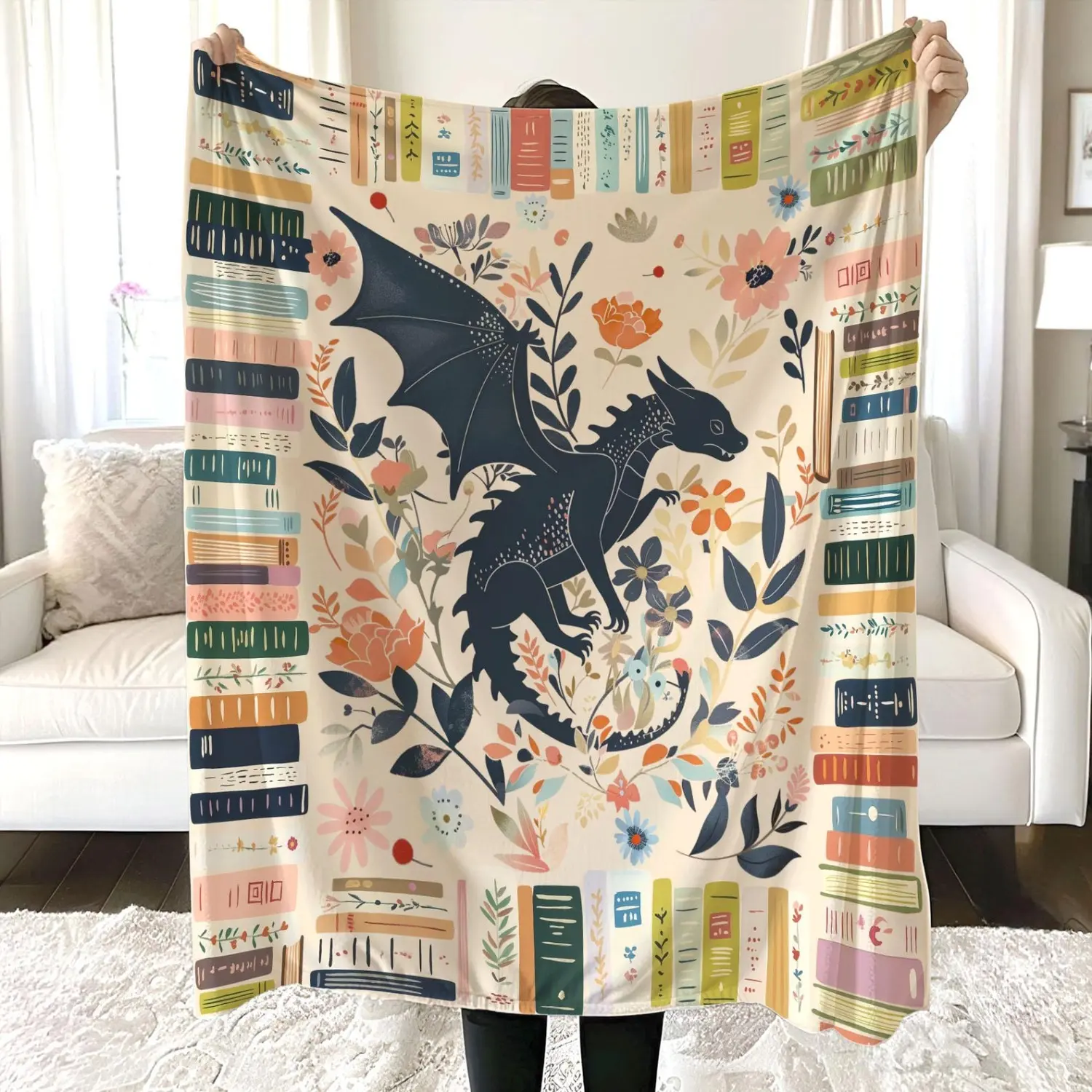 Whimsical Dragon Print Fantasy Books-Inspired Blanket - Classic Soft Vintage, Boho Abraxos Floral Quilt, Machine Washable Home Room Decor Gift for Fantasy Book Enthusiasts