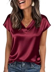 Women Silk Satin Smooth Top, Cap Short Sleeve Blouse, V-Neck Design, Business & Casual Wear, Hot Trending Fashion