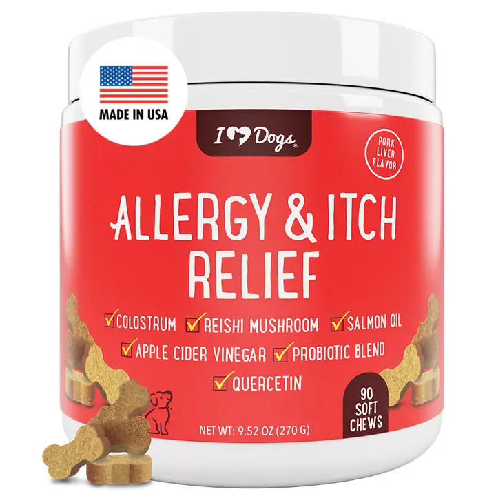 iHeartDogs Tasty Dog Allergy & Itch Relief Chewables - Natural Blend with Salmon Oil, Quercetin, Colostrum, Antioxidants, Probiotics - Reduces Itching - 90 Count