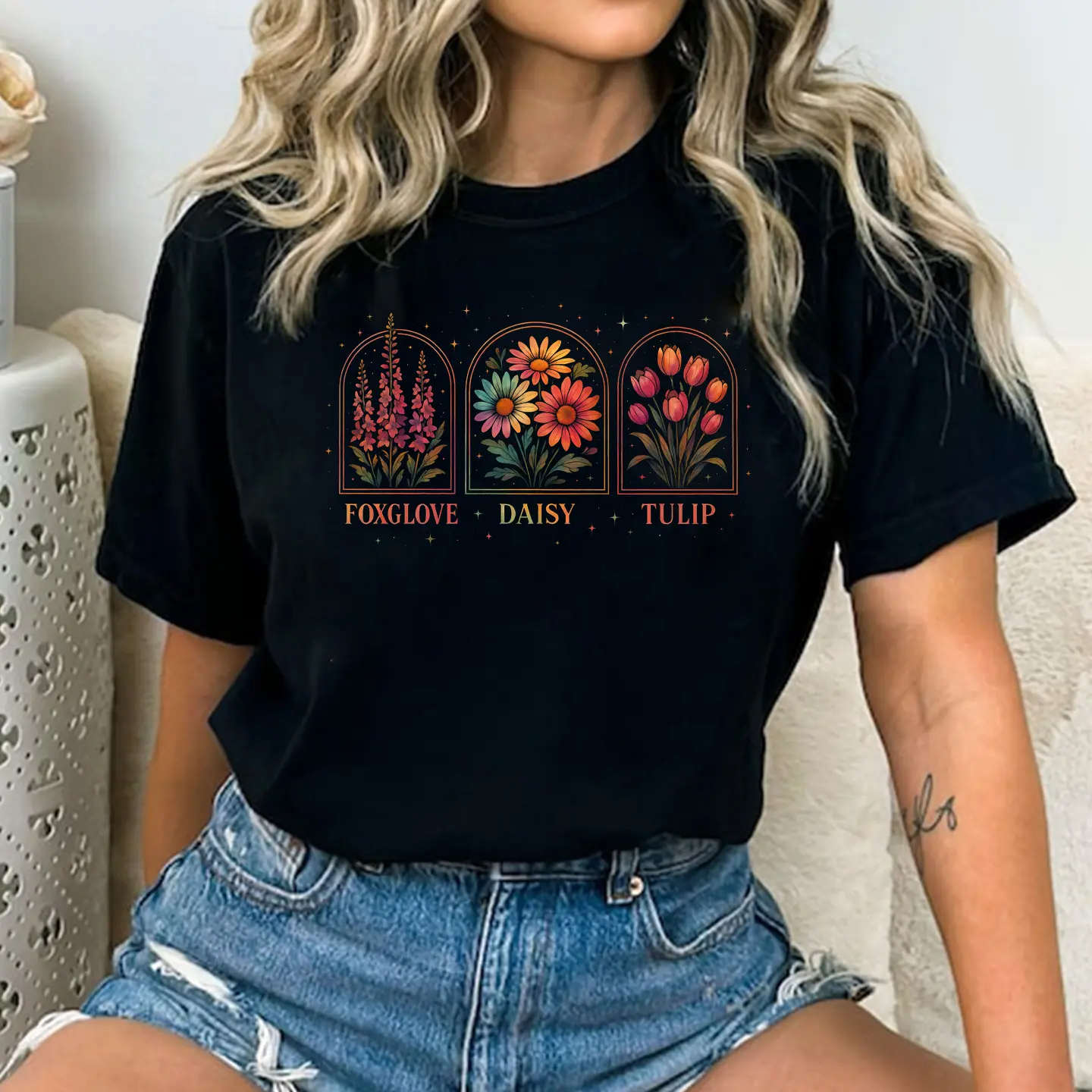 Women's Solid Cotton Short-Sleeve Round Neck T-Shirt - Foxglove Daisy Tulip Print Liberal Feminist Political Protest Activist Top