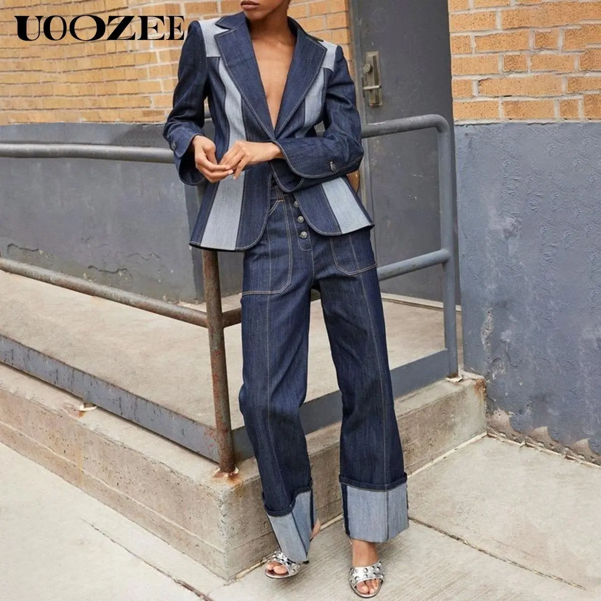 UOOZEE Women's 2-Piece Cotton Blend Denim Set, Casual Contrast Long Sleeve Deep V-Neck Button Jacket & High-Waist Straight Leg Jeans, Denim Set (Jacket + Jeans), Women's Clothes, Straight Pants, Basic, All Seasons, 2‑Pieces Ease