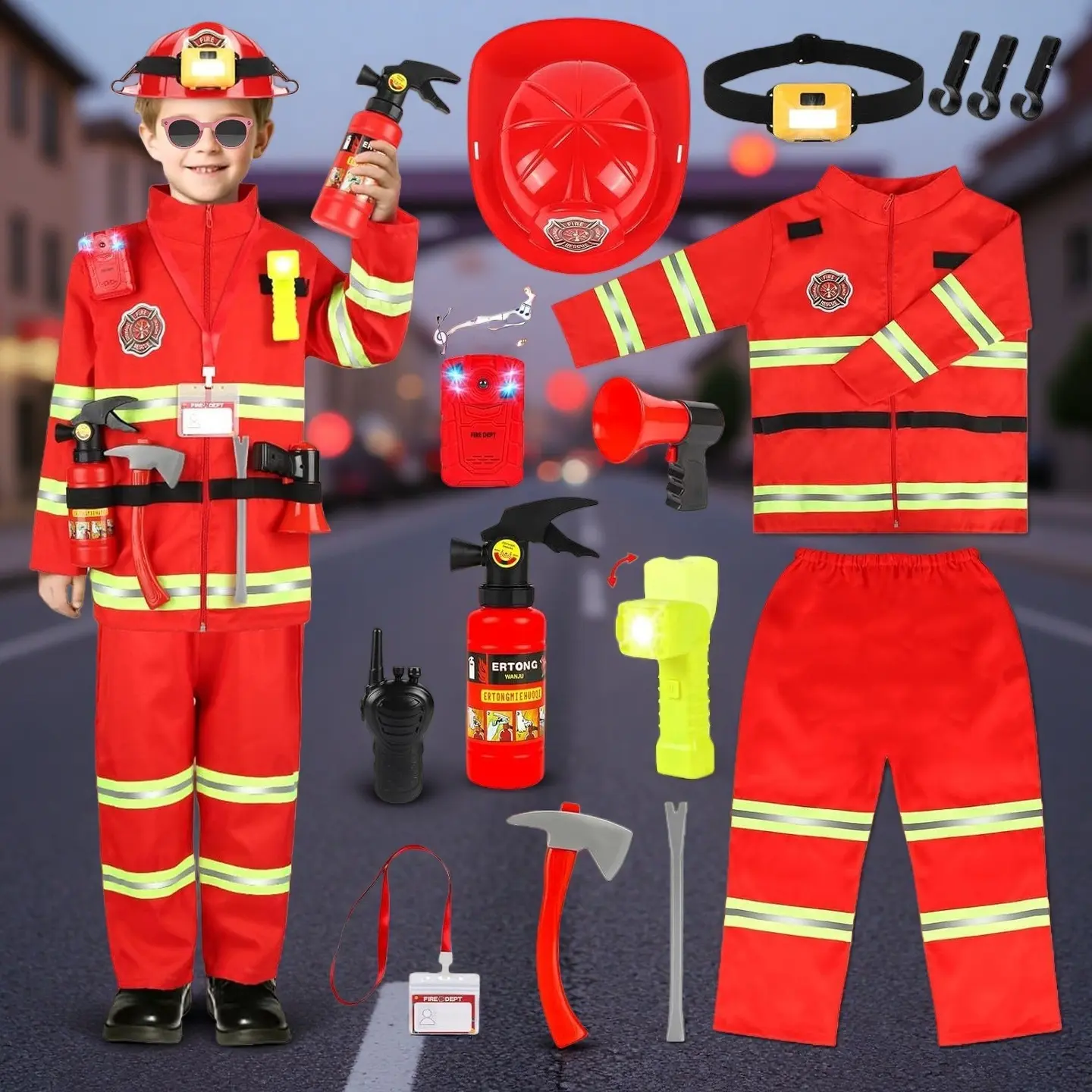 Firefighter Costume Set for Kids, Realistic Poly-Cotton Uniform with Reflective Strips, Lighting Kit & Pry Bar for Halloween Pretend Play, Role Play, 1 Helmet With Lighting Kit, 1 Realistic Fire Extinguisher, 1 Law Enforcement Recorder
