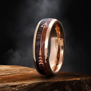 6/8mm Rose Gold Tungsten Wood & Arrow Wedding Band, Customized Men's Minimalist Wedding Ring, Handmade Jewelry Gift for Him, Birthday Gift