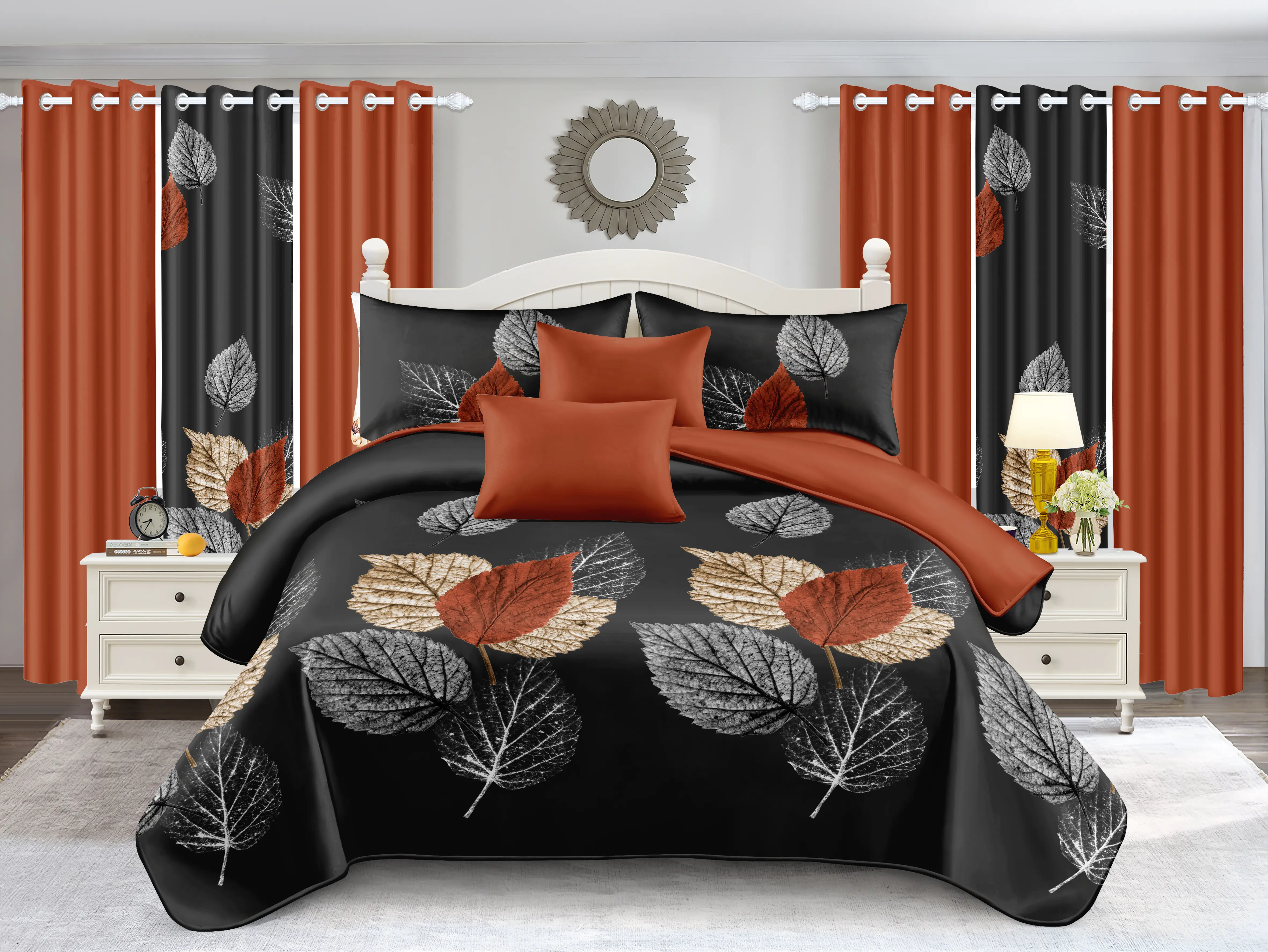 Back-to-School Deal | 9-Piece Tropical Brown Black Leaf Bedding Set with 6 Semi-Sheer Light-Filtering Curtains, Premium Microfiber Wrinkle-Resistant All-Season Cloud-Soft Bedding, Machine Washable | Not a Thick Comforter