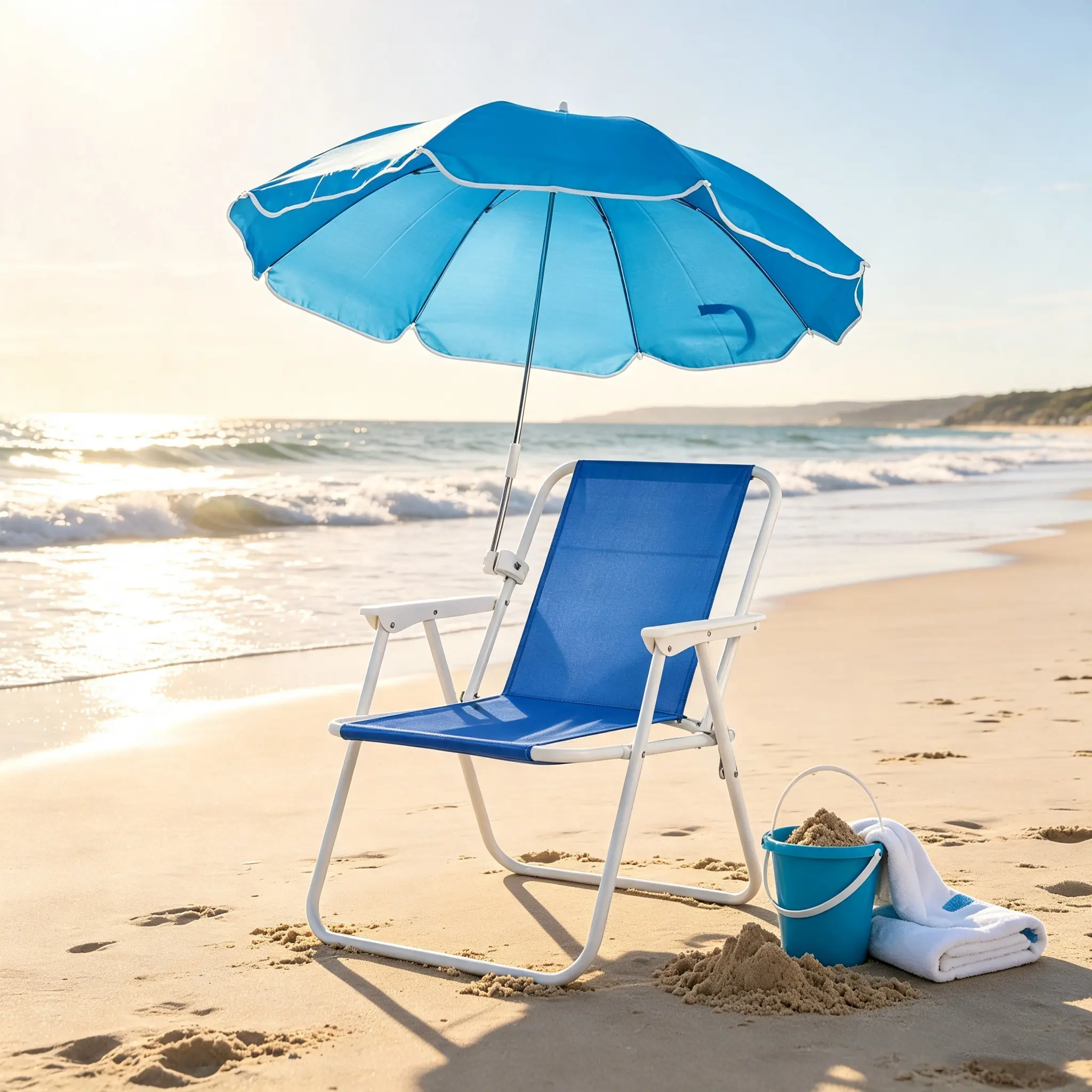Adult Folding Beach Chair with Umbrella - Outdoor Sports Chair, High Back Iron Frame, Lightweight, Folds Easily, 265lbs Capacity for Beach Trips, Travel, Picnic