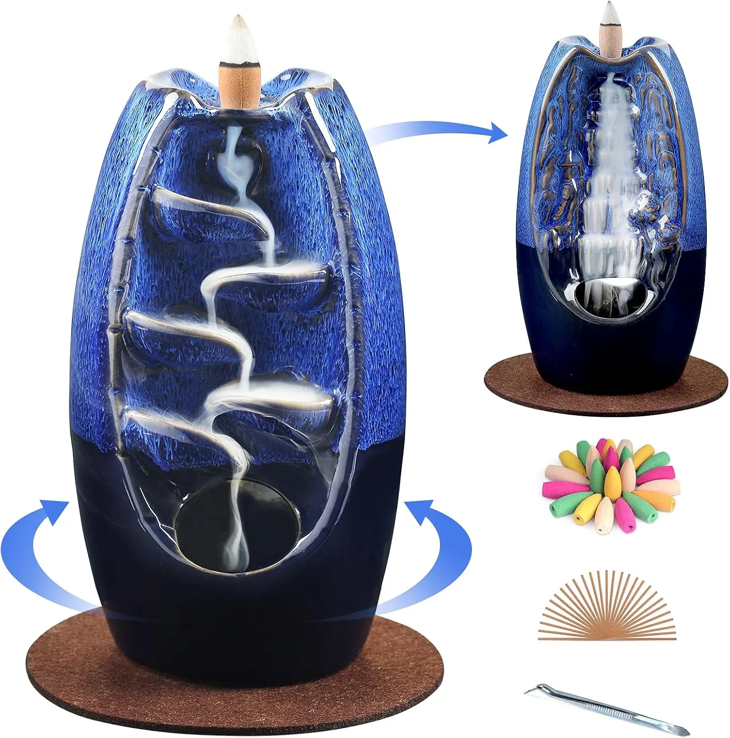 SPACEKEEPER Ceramic Backflow Incense Holder Incense Burner Waterfall 2 Sides, Incense Fountain with 120 Incense Cones & 30 Incense Stick, Aromatherapy Ornament Home Decor, Navy
