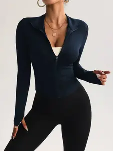 Women's Ultra-Soft Lightweight Full Zip Solid Zipper Front Yoga Jacket, Casual Fitted Jacket, Long Sleeve Stand Collar, Slim Fit Casual Sports Top, Comfortable Fashion Design