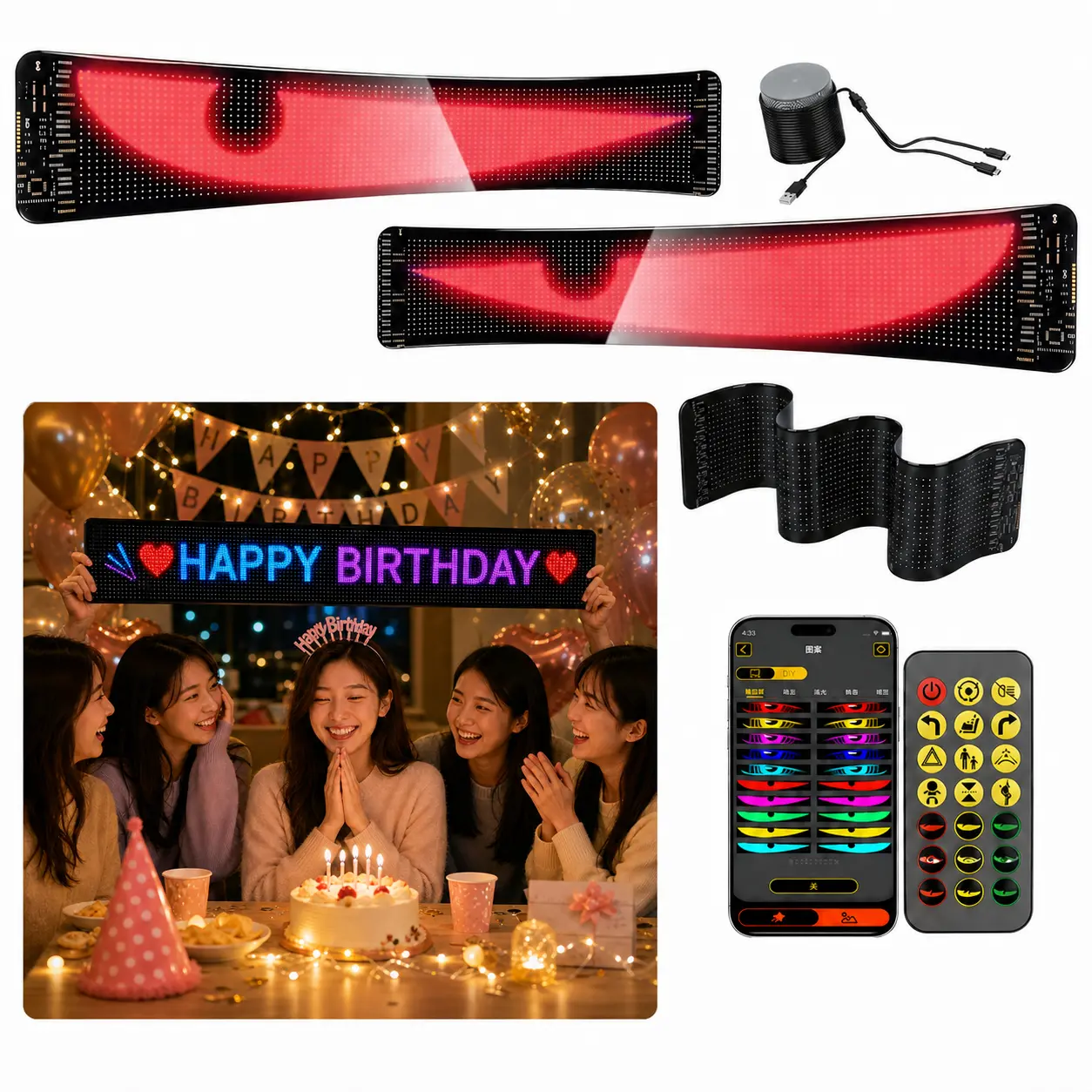 Quplavo Flexible RGB Programmable LED Display Panel, App & Remote Controlled LED Sign Board, DIY Custom Text & Animated Effects, Bendable 23.42x4.72in Screen for Festive Decor, Birthday Parties, Halloween, Festive Decorations