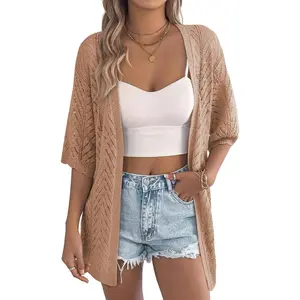 Women's Crochet Knit Cardigan Sweaters Short Sleeve Open Front Kimonos Boho Cardigans Tops Lightweight Vacation