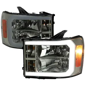 2007-2013 GMC Sierra 1500/ 2007-2014 1500HD 2500HD 3500HD LED Bar Factory Style Headlights (Chrome Housing/Smoked Lens)