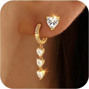 Valentines Day Earrings for Women Dangle Earrings - 14K Gold Plated Heart Dangle Earring Set Dainty Simple Long Dangling Jewelry Drop Hoop Earring for Women Jewelry Gifts