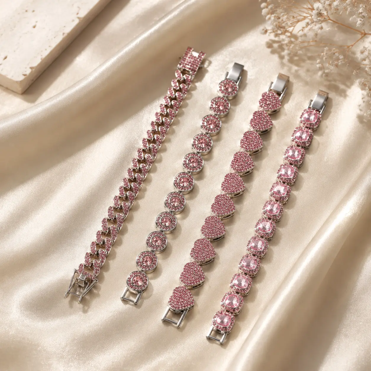 Women's Fashion Iced Out Pink Cuban-Sugar Cube Oval Bracelet - 8in Cubic Zirconia Crystal Bling Costume Jewelry, Daily Wear Gift with Gift Box for Women