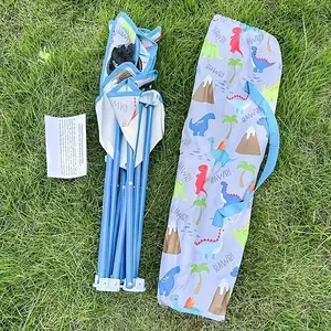 Youngsters' Portable Folding Camping Chair with Cute Dinosaur Pattern, Blue Fabric & Metal Frame, Includes Cup Holder & Carry Case – Perfect for Beach, Travel, Backyard, and Outdoor Adventures, Camp Chair