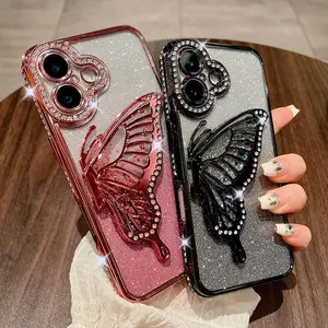 Rhinestone Decorated Phone Case, Butterfly Design Phone Protective Cover, Stylish Shockproof Cover, Protector, Phone Accessories Compatible with Smartphone iPhone 17 16 Pro Max 15Pro 14Plus 13 12 11Pro Max, Cellphone Casing