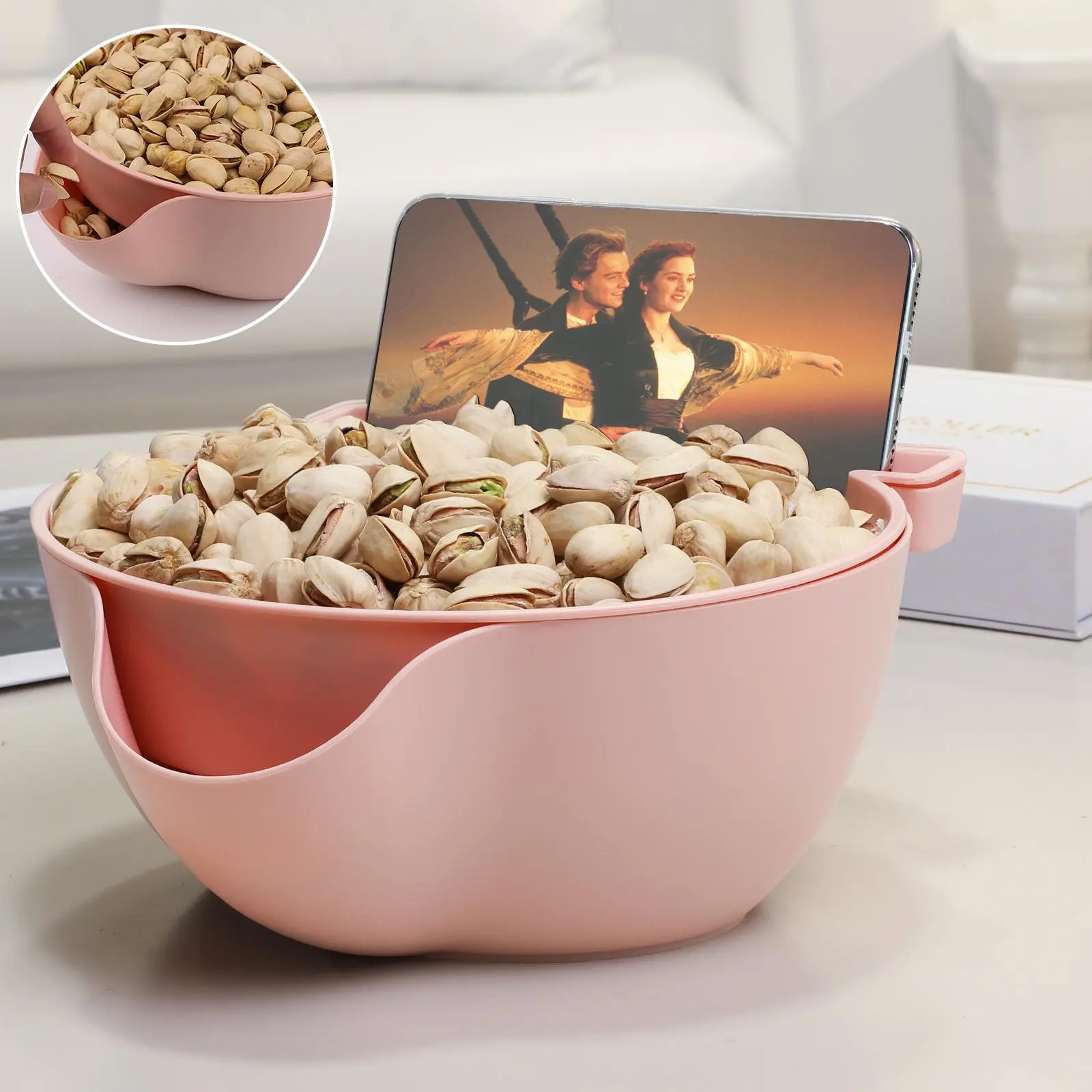 Pistachio Bowl Double Layer Fruit & Nut Storage Non BPA Free Versatile Snack Fruit Bowl with Drainage Feature for Kitchen & Dining
