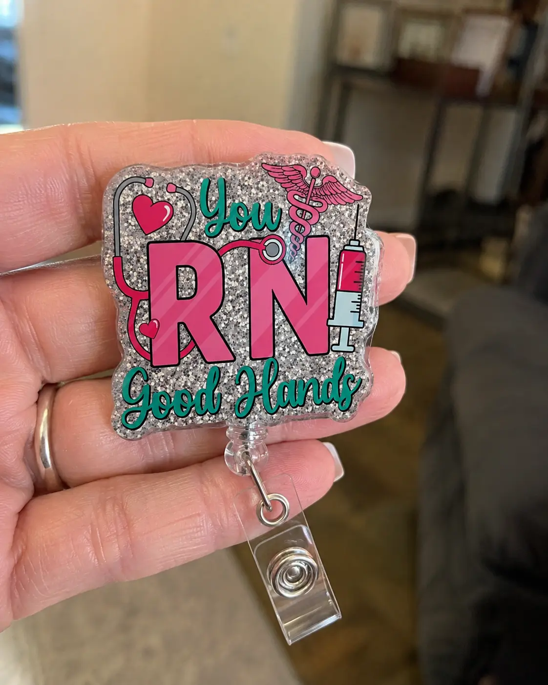 Silver Glitter Acrylic Healthcare Badge Reel, Retractable Clip Holder for Registered Nurses, Nursing Students (Medical Identification Badge Reels)