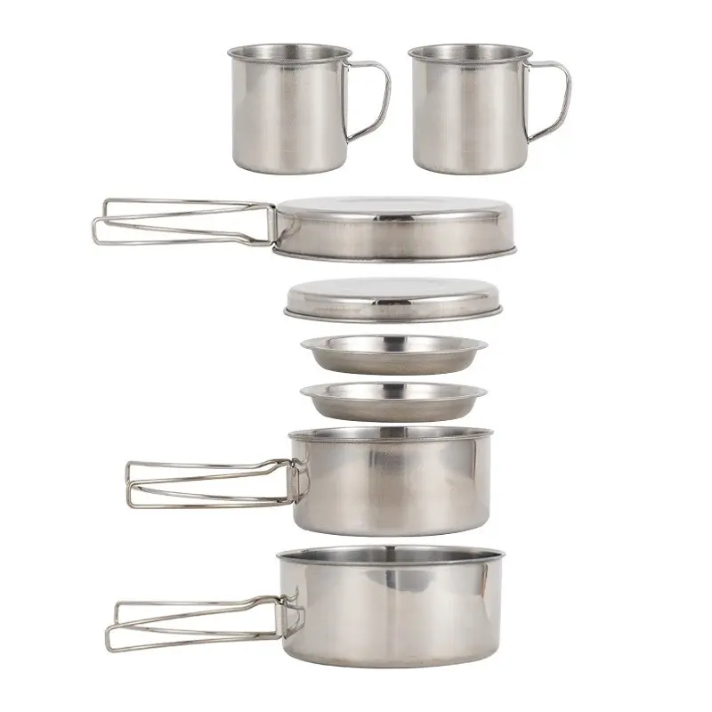 8-Piece Stainless Steel Camping Cookware Set, Foldable Portable BBQ Dining Set, Ideal for Outdoor Hiking and Camping, Suitable for 4 People, Camping Equipment, Camping Kitchenware, Camping Cooking Set