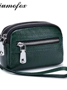 Women's Genuine Leather Handbag Mini Small Bag, Large Capacity Coin Purse with Dual Zipper, Multifunctional Wallet Clutch Wristlet