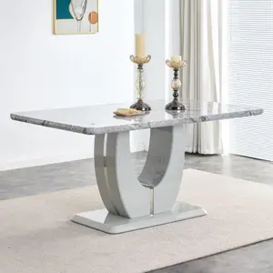MUUOKY Modern Rectangular Grey Imitation Marble Dining Table - Minimalist Modern, Marbled, Indoor, Contemporary, Stylish Furniture with Smooth Edges, U-Shaped Legs for Dining Room, Office, Modern Furniture, Marbled Dining Tables