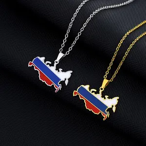 [Map Necklace] Stainless Steel Russian Pendant Necklace Couple Style Ethnic Style Popular Personality Oil Dripping Titanium Steel Accessories