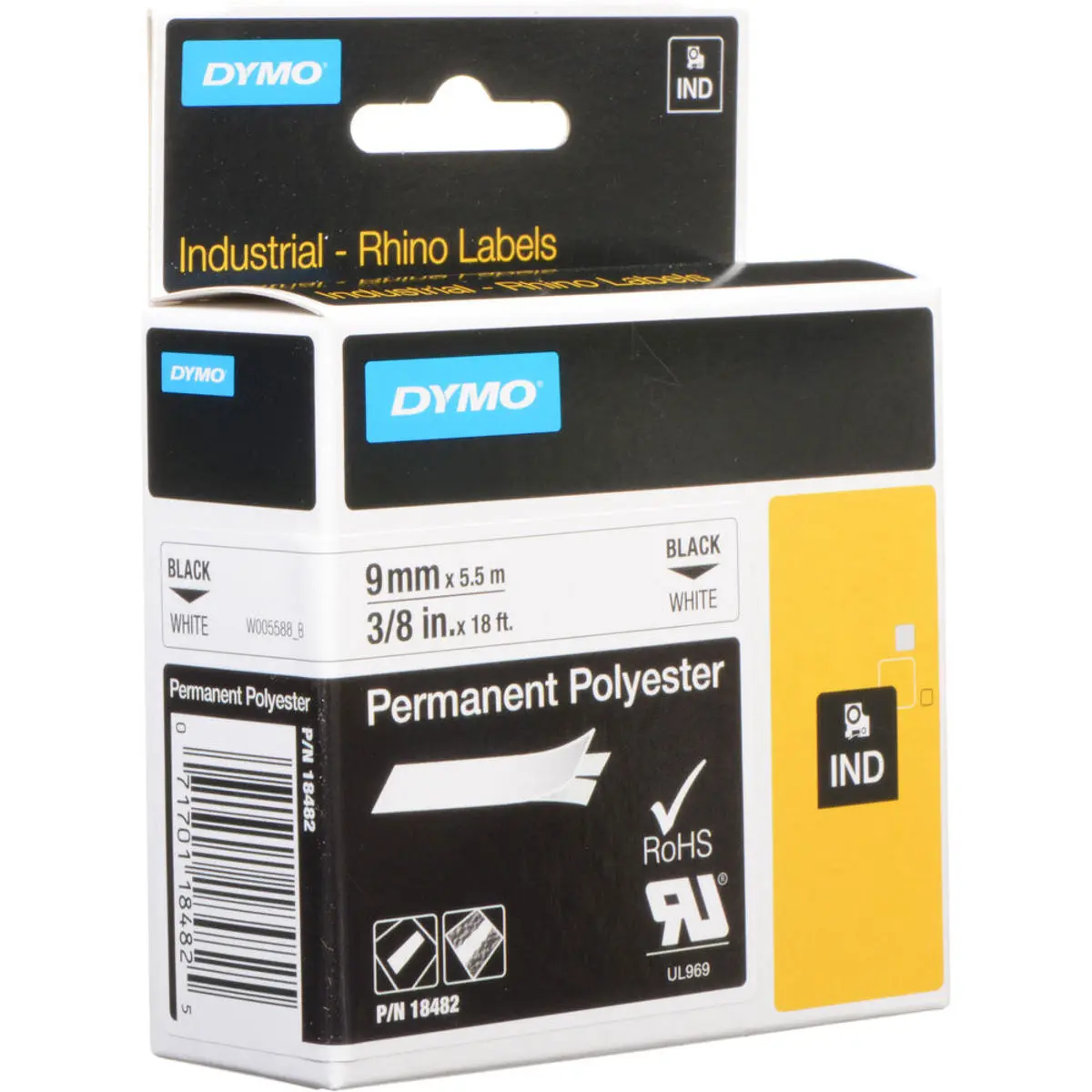 Dymo 18482 RhinoPRO Permanent Polyester Labels, 3/8" Size, Crisp Text, Smearproof Print, Polyester Film